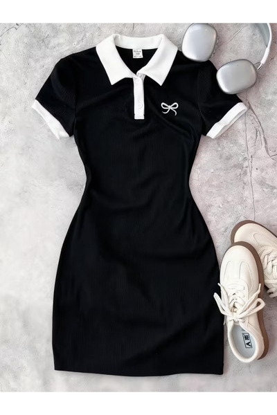 npLStore Girl's New Ribbon Printed Polo Collar Mini Tight Dress