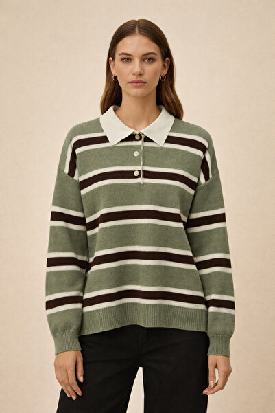 Kirazgym Polo Collar Striped Knit Sweater-Green