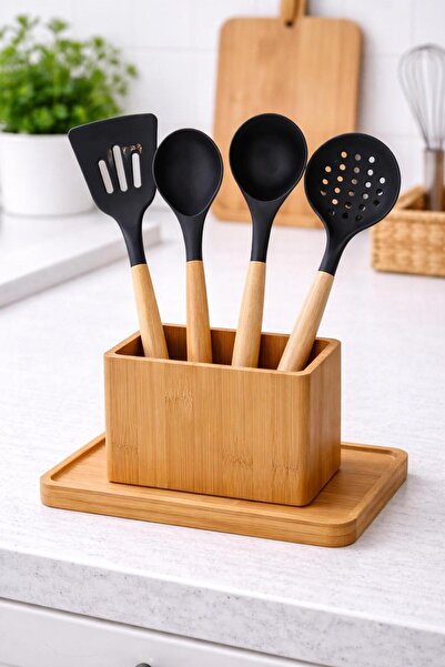 Bev Kitchen طقم تقديم مكون من 4 قطع بمقبض من الخيزران مصنوع من التيفلون المقا...