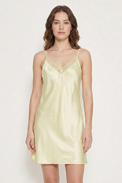 Laperissa Yellow Lace Strap Satin Woven Nightgown