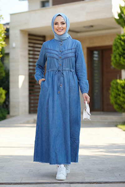 HARMAN BUTİK Women's Lace Detailed Waist-Tightening Pocketed Denim Blue Dress