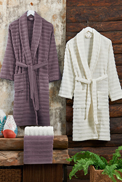 Elart Soft Bathrobe Family Set Hamam Set 4 Pieces (70X135 cm) Plum-Cream