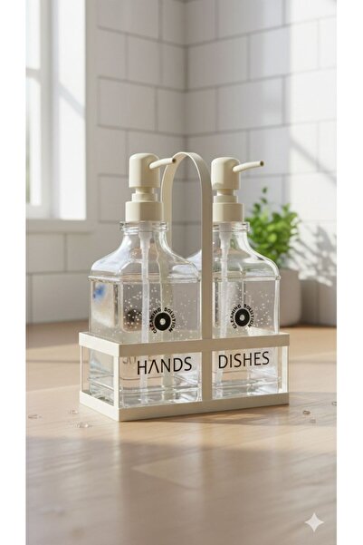 morponi طقم من 2 وعاء زجاجي للصابون والمنظفات مع حامل معدني، لون كريمي، 500 م...