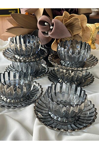 MD MİMOZA DEKOR 6-Person Crystal Glass Cookie Dessert Plate Set (12 Pieces)