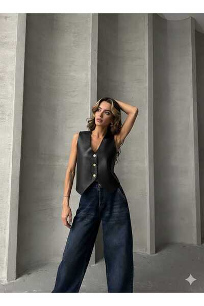 TOPSHOW Leather Buttoned Wholesale Vest Black