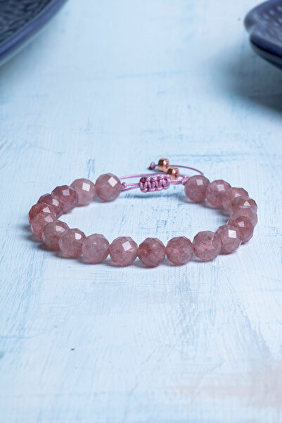 Deniz Doğal Taş Certified Faceted Strawberry Quartz Natural Stone Macrame Bra...