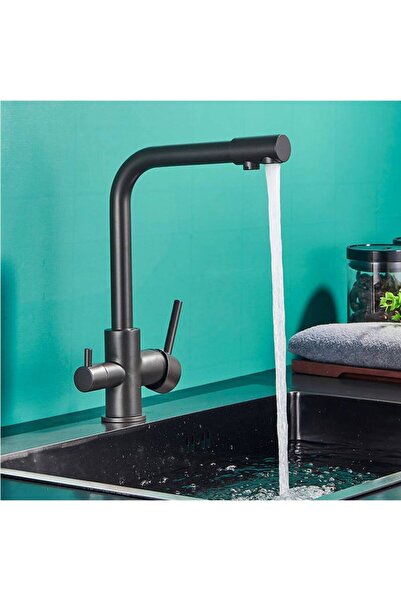 banyosepeti صنبور مطبخ TwinPure باللون الأسود غير اللامع - مزود بمخرجين، وصنب...