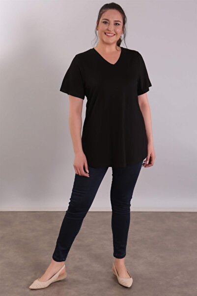 SERTUĞ 'V' Neck Banded Basic Black Blouse