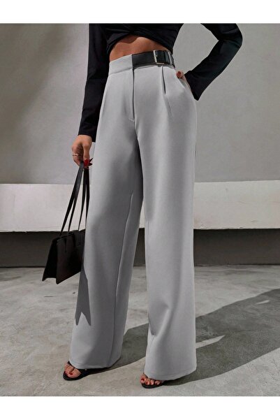 DUUE FASHİON Hijab Women's Half-Belted Wide-Leg Palazzo Fabric Trousers