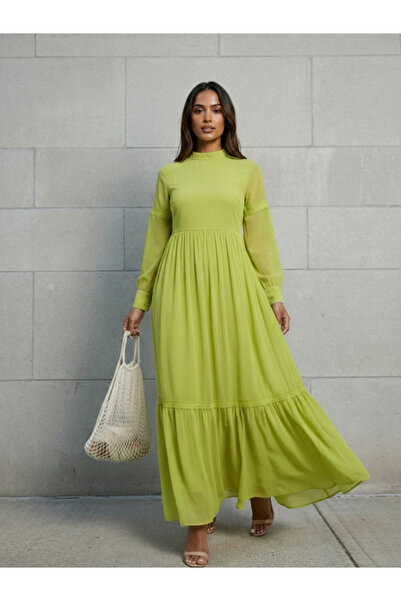 HOUSE OF RAELI By Styli Women Green Lace Insert Ruffled Hem Maxi Dress