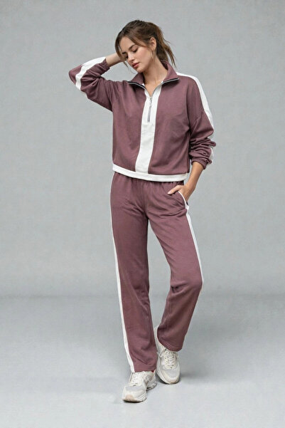 Cool & Sexy Modal Fabric Half-Zipper Striped Tracksuit Set Mink