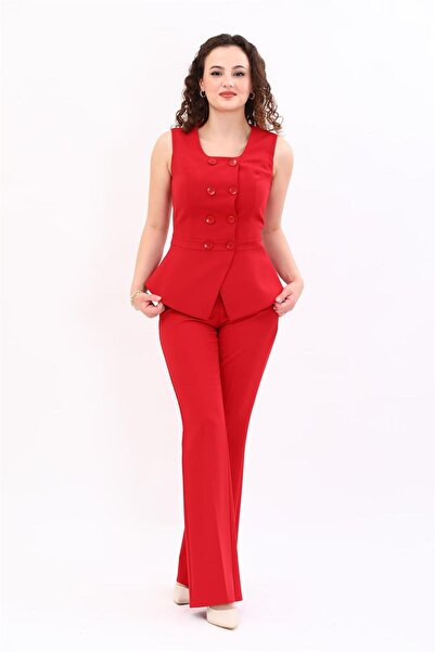 ÖNDER ÖZSOY Oval Yaka Düğmeli Kruvaze Yelek & Lastikli İspanyol paça Pantolon...