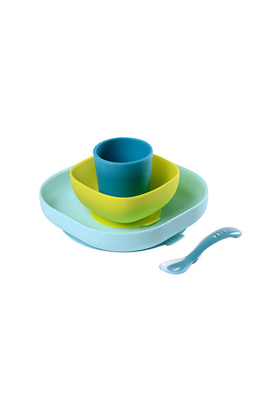 Béaba Silicone Feeding Meal Set of 4 Pieces: Plate + Bowl Cup Spoon with Stro...