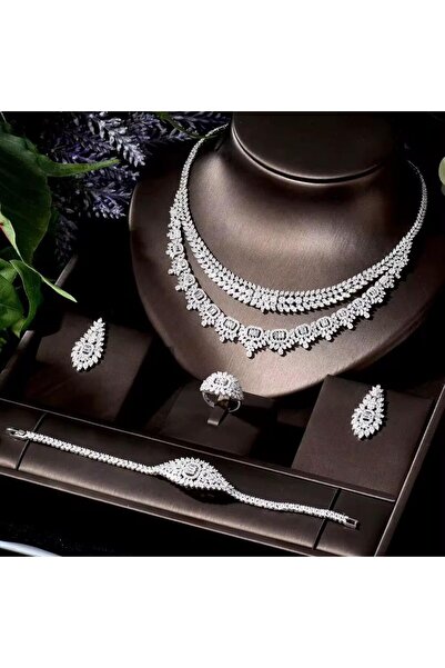 VİYA Luisa Zirkon Taşlı Takı Seti Kolye Küpe Bileklik Yüzük Set Düğün Nişan Seti