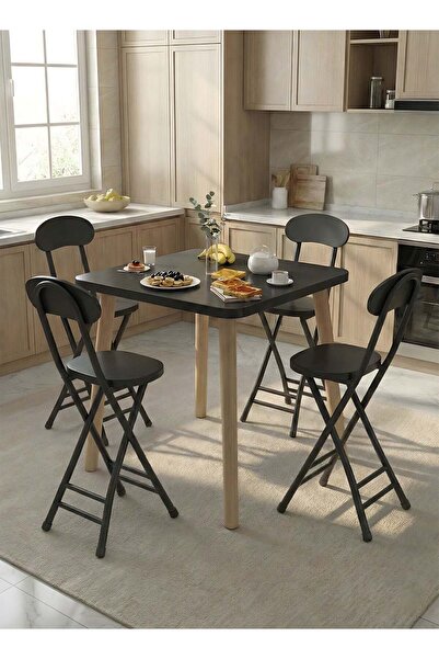 Taimi 5-Piece Dining Set: Square Wood Table 80x80x72cm with 4 Folding Metal C...