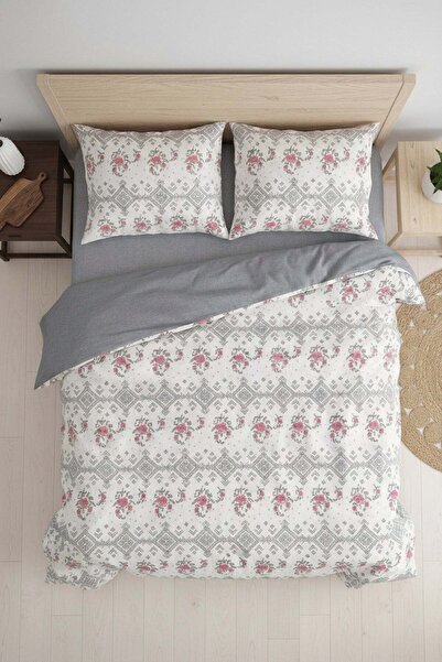 DEMOTEKS Double bed linen set, satin cotton, 2 people, ethnic gray checkered ...