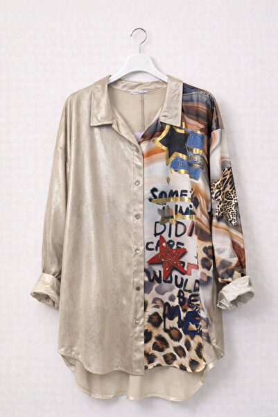 günay boutıque Gold Patterned Oversized Shirt - Beige