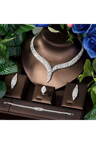 VİYA Felicia Zirkon Taşlı Takı Seti Kolye Küpe Bileklik Yüzük Set Düğün Nişan...