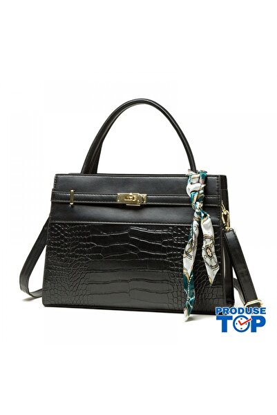 Produse.Top Geantă neagră din piele ecologică cu bretele detașabile și eșarfă...