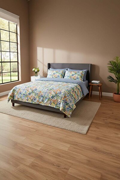 DEMOTEKS Double bed linen set, satin cotton, 2 people, vibrant mint print, 4 ...