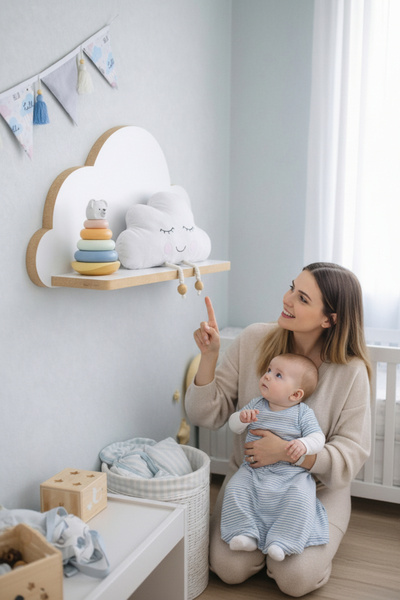 Buggi Kids Montessori Çocuk Odası Bulut Raf Beyaz & Ham MDF Kenarlı Dekoratif...