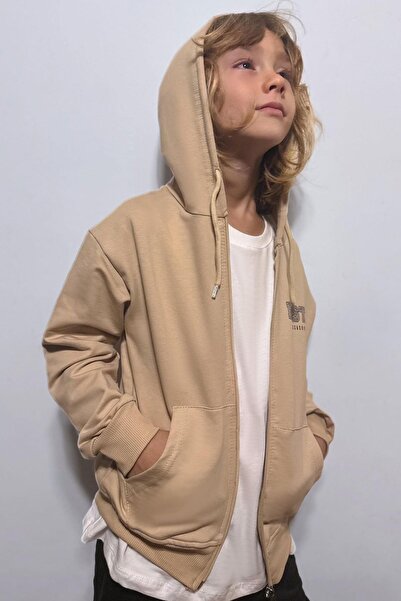 ALG Cardigan pentru băieți cu glugă cu imprimeu pe spate, 6-9 ani, bej