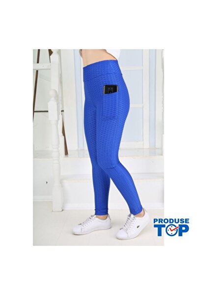 Produse.Top Ladies Anti-Cellulite Blue Leggings with Pocket