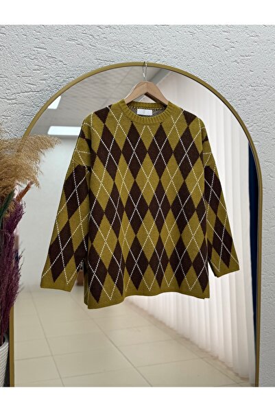 MİHRA STORE Adriana Baklava Pattern Knitwear Sweater-Zi̇5581 Oil Green