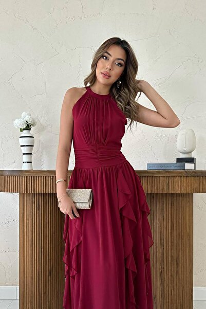 LOKADI Kadın Önü Büzgülü Fırfırlı Uzun Elbise