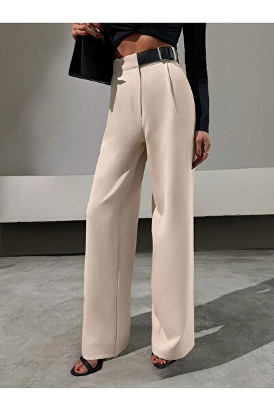 DUUE FASHİON Γυναικείο υφασμάτινο παντελόνι παλάτσο με μισή ζώνη και φαρδιά μ...