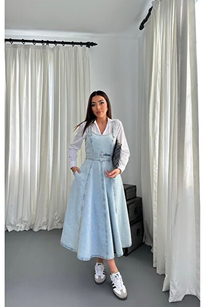 LOKADI Kadın Midi Boy Bantlı Kot Elbise