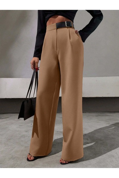 DUUE FASHİON Γυναικείο υφασμάτινο παντελόνι παλάτσο με μισή ζώνη και φαρδιά μ...