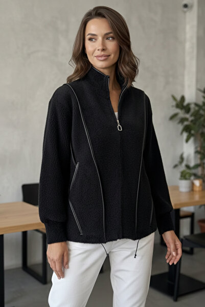 azragül giyim سترة نسائية منسوجة من خيوط الأنجورا مع تفاصيل من الجلد