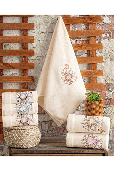 Hazangülü Buldan Üretimi Çeyizlik Nakışlı Alya Kadife Krem 6'lı Mutfak Havlus...