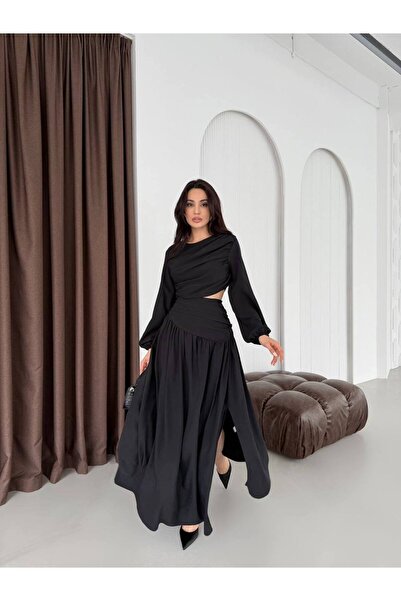 LOCH BUTİK Women's Waist Detailed, Shoulder Gathered, Black Dress