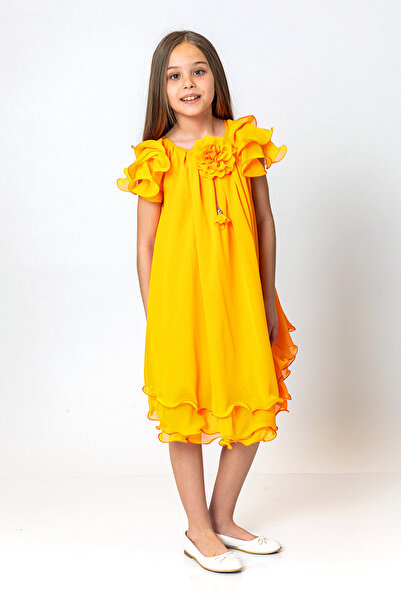 incity Rochie de fetiță din tul galben cu detalii trandafir