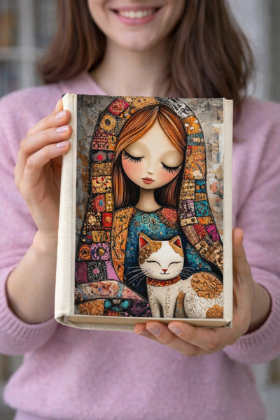 HG Home&Game غطاء كتاب قماشي بتصميم الفتاة والقطة - مطبوع حافظة كتب قماشية، و...