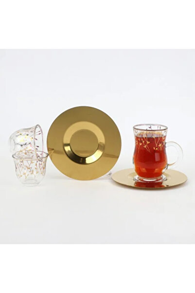 Generic Glass tea and coffee serving set with gold stainless steel saucers – ...
