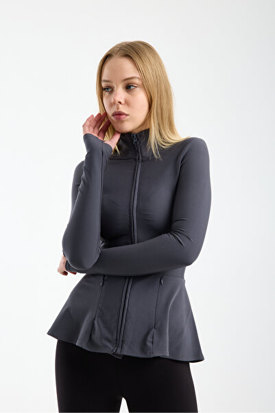 TheyYou Women's Zippered Sports Jacket – Stretchy Fabric, Pockets, Peplum Model