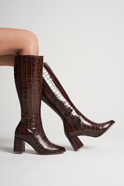 ANALİN SHOES Women's Genuine Leather Crocodile Stylish Heeled Boots - Brown C...