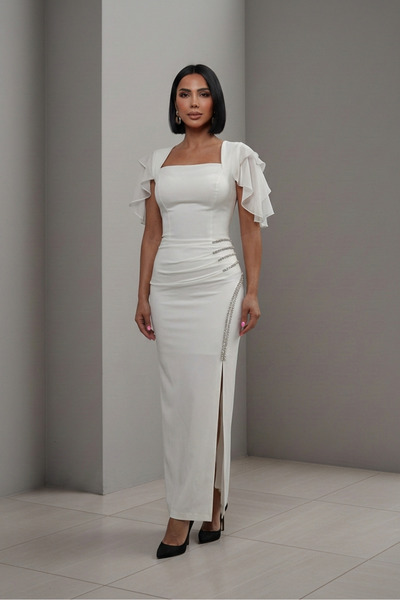 ALFUDO Moda Collection Square Neck Chiffon Flounce Sleeves Graduation Evening...