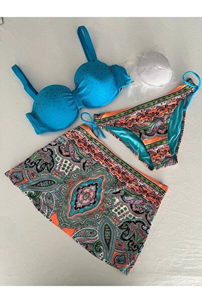 Yasmy Collection Kadın Mavi Taş İşlemeli Desenli 3 Parça Bikini Takım HZL25S-...