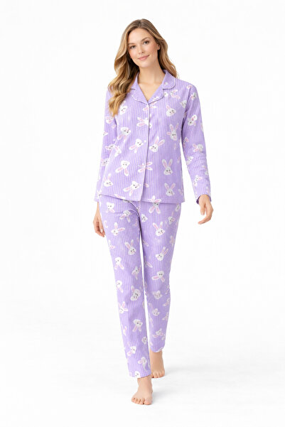 Free Beka Women's Lilac Patterned Long Sleeve Turn-Down Collar Buttoned Front...