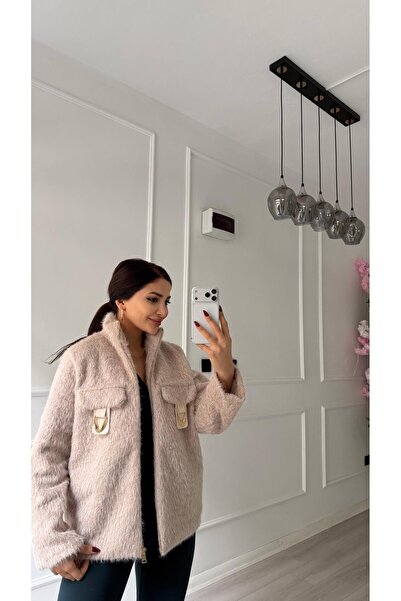 Daves Ecru Gold Pocket Detailed Furry Jacket with Zipper on the Front