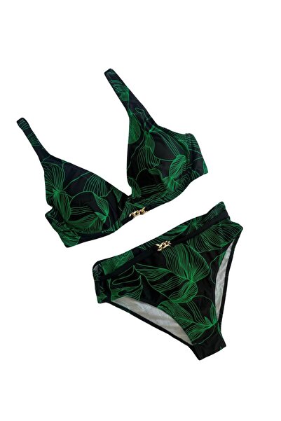 Yasmy Collection Women's Black Green Accessory Detailed Lined Bikini Set Hzl2...