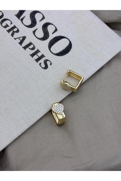 Hedef Bijuteri Gold Color Square Shape Zircon Stone Heart Figured Earrings Cm148