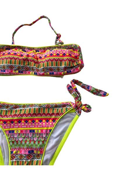Yasmy Collection Girl's Neon Yellow Multi-Colored Lined Strapless Bikini Set ...