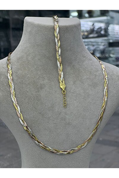 Yantra Silver 925 Ayar Gümüş 3 Sıra İtalyan Örgü Kolye Bileklik Set