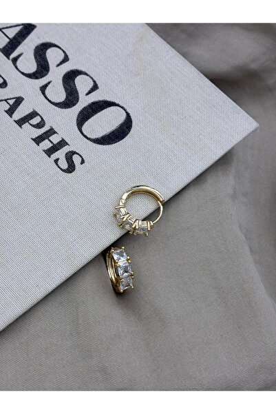 Hedef Bijuteri Gold Color Three Baguette Stone Hoop Earrings Cm152