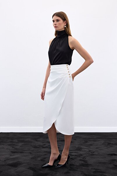 Sateen Button Detailed Pencil Skirt - Ecru